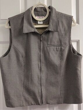 Vintage Talbots Houndstooth Zip Vest XL Made in USA Brown Beige Black 90s Y2K